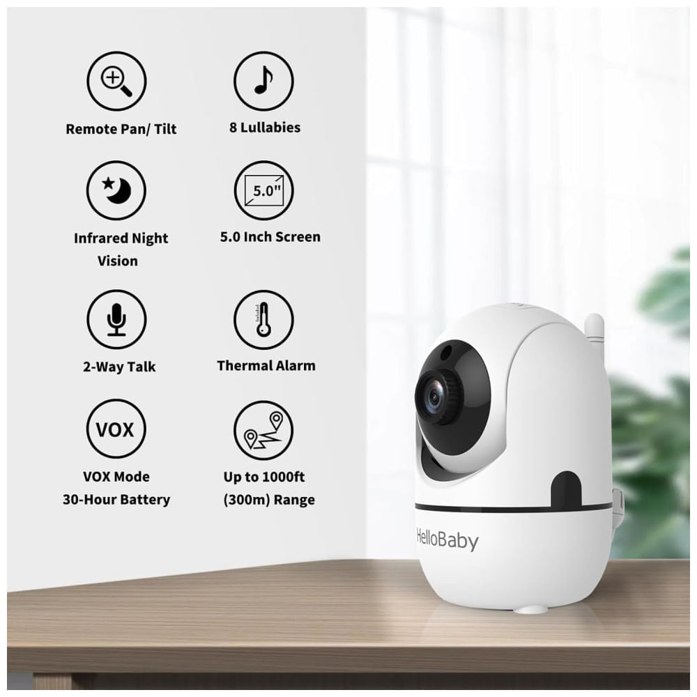 Encontraproduto.com.br - Babá Eletrônica com 3 Câmeras, Bateria de Longa Duração e Alcance de 303M, Sem WiFi, HelloBaby HB6550, Branca