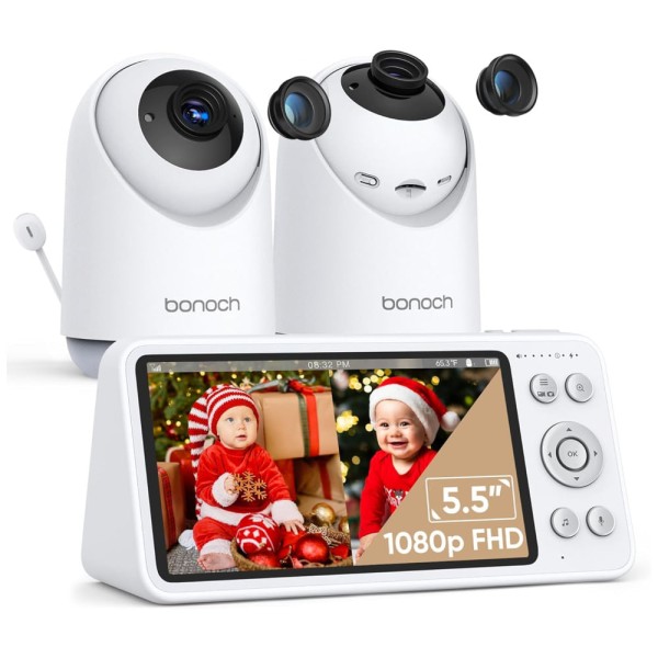 Encontraproduto.com.br - Babá Eletrônica com 2 Câmeras, Alcance de 547M, Tela Dividida e Sem WiFi, bonoch BBM06, Branca