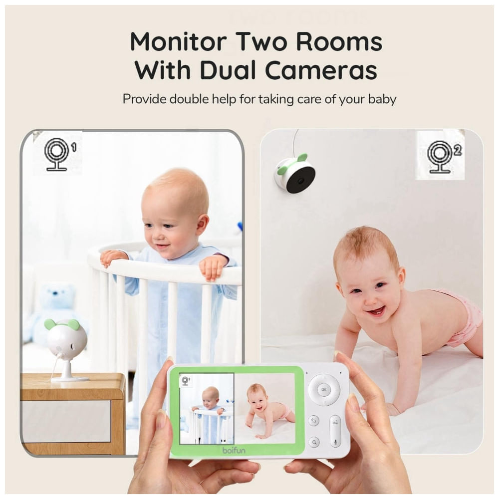Encontraproduto.com.br - Babá Eletrônica com Monitor LCD de Tela Dividida e Vídeo WiFi, Controle via APP, 2 Câmeras, BOIFUN, Verde e Branca