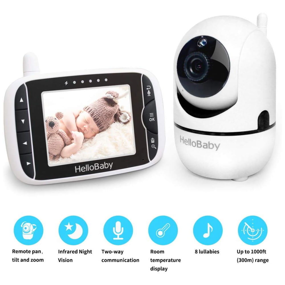 Encontraproduto.com.br - Babá Eletrônica com Câmera Remota PTZ, Tela LCD e Visão Noturna Infravermelha, HelloBaby, Branca