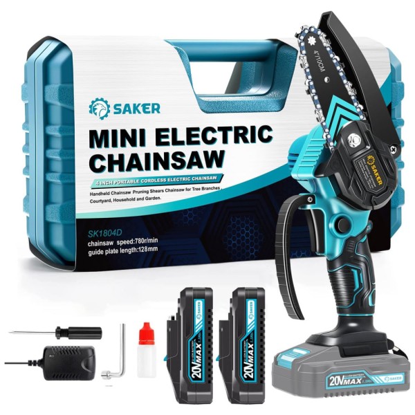 Mini Motosserra Elétrica Portátil para Corte e Poda de Galhos, Movida a Bateria 20V, 550W, Saker, Azul