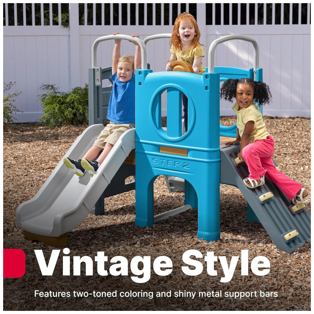 Encontraproduto.com.br - Playset Infantil Para Ambientes Externos, Com Escorregador, Parede de Escalada, Túnel e Estilo Vintage, Para Crianças de 2 a 6 Anos, Step2, Azul
