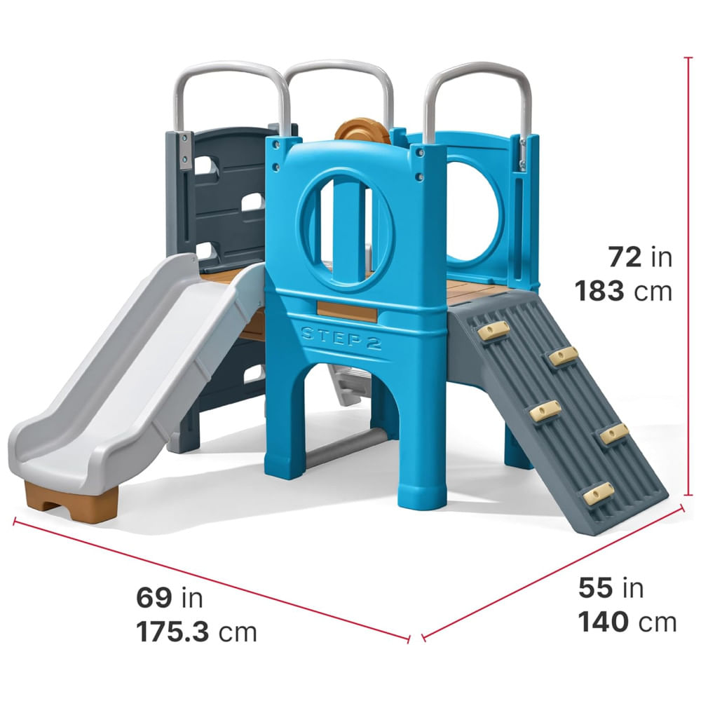 Encontraproduto.com.br - Playset Infantil Para Ambientes Externos, Com Escorregador, Parede de Escalada, Túnel e Estilo Vintage, Para Crianças de 2 a 6 Anos, Step2, Azul