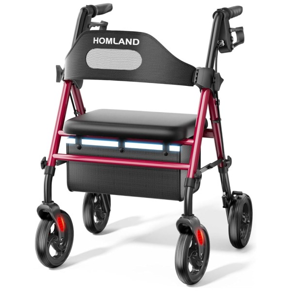 Andador Dobrável para Idoso, com Assento, Rodas Grandes de 20 cm para Todos os Terrenos, Altura Ajustável e Suporta até 158 kg, HOMLAND, Vermelho