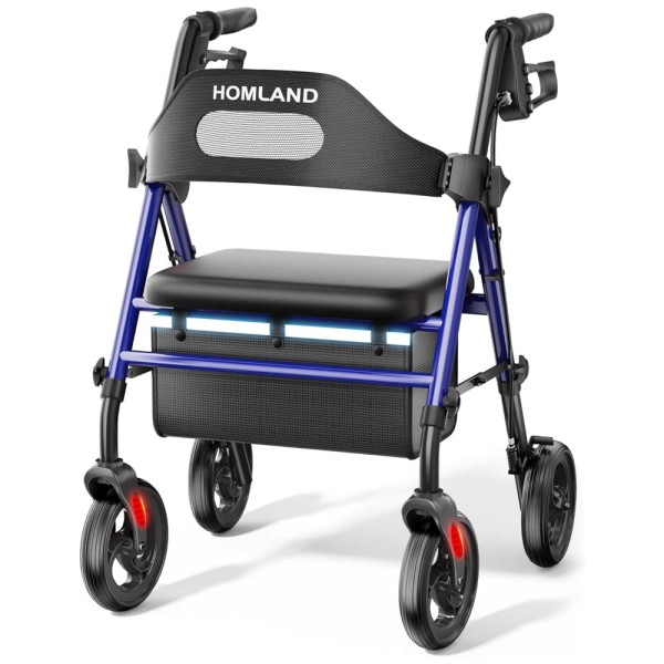 Andador Dobrável para Idoso, com Assento, Rodas Grandes de 20 cm para Todos os Terrenos, Altura Ajustável e Suporta até 158 kg, HOMLAND, Azul
