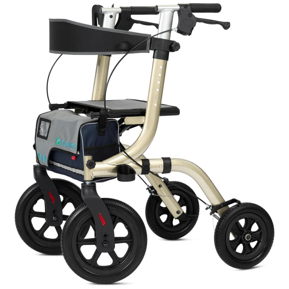 Andador All-Terrain Rollator com Assento, Rodas Dianteiras de 30 cm Não Pneumáticas, Design Dobrável e Compacto, ELENKER, Champanhe