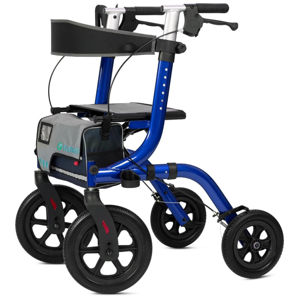 Andador All-Terrain Rollator com Assento, Rodas Dianteiras de 30 cm Não Pneumáticas, Design Dobrável e Compacto, ELENKER, Azul