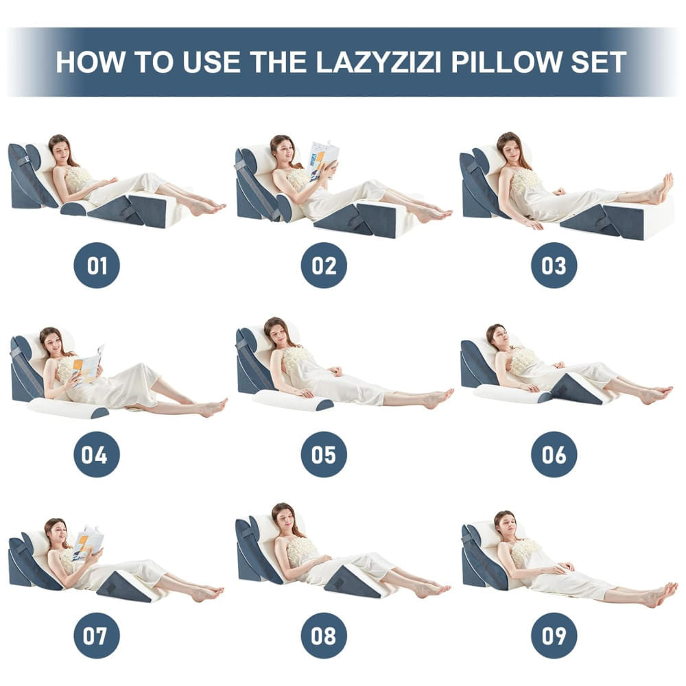Encontraproduto.com.br - Conjunto de 6 Travesseiros Ortopédicos em Cunha de Espuma de Memória Ajustável para Alívio de Dor no Joelho, Lombar e Costas, Lazyziz, Cinza