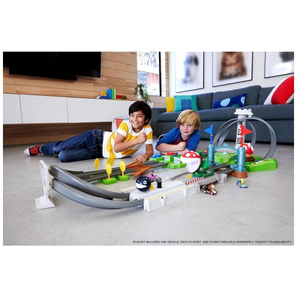 Encontraproduto.com.br - Pista Hot Wheels Mario Kart Circuit com 2 Veículos, Inclui Booster e Karts do Mario e Yoshi, Playset de Corrida