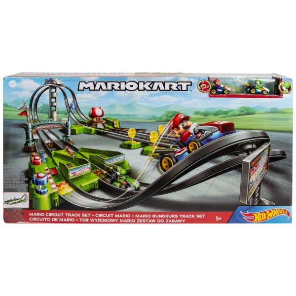Encontraproduto.com.br - Pista Hot Wheels Mario Kart Circuit com 2 Veículos, Inclui Booster e Karts do Mario e Yoshi, Playset de Corrida