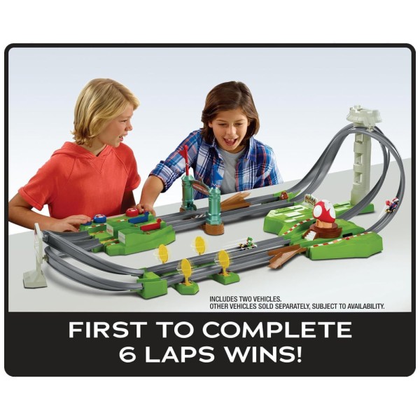 Encontraproduto.com.br - Pista Hot Wheels Mario Kart Circuit com 2 Veículos, Inclui Booster e Karts do Mario e Yoshi, Playset de Corrida