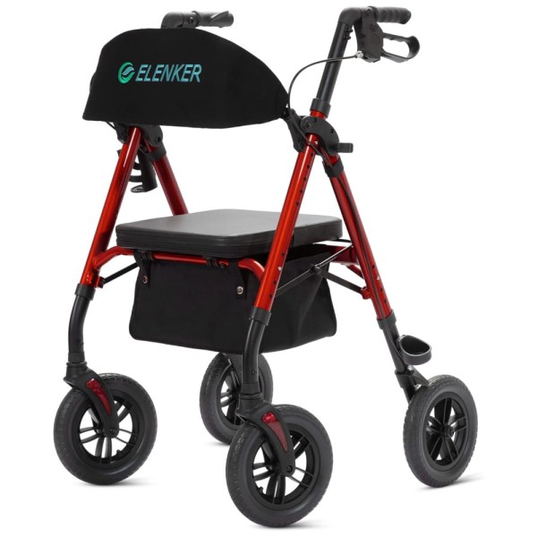 Andador para Idosos com Assento e Encosto Acolchoado e Estrutura Ajustável, Até 136 Kg, ELENKER, Vermelho
