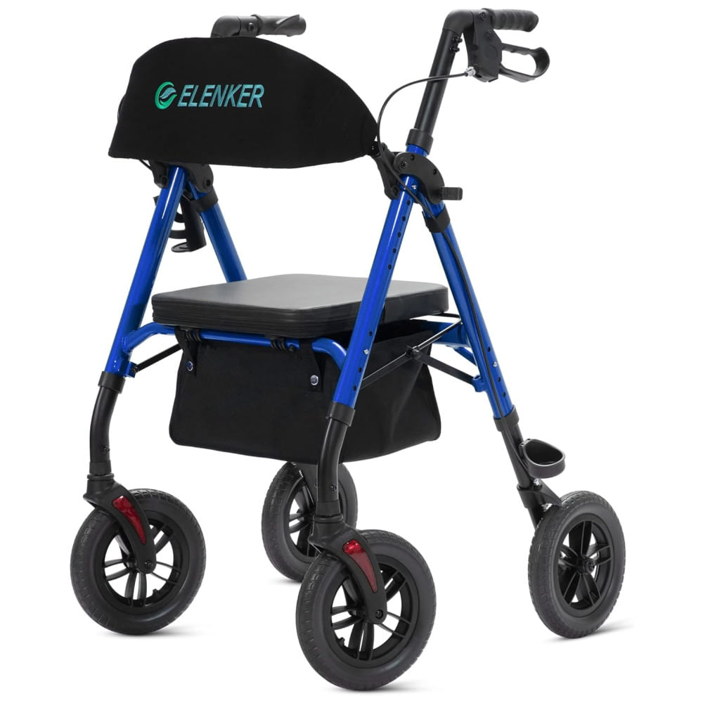 Andador para Idosos com Assento e Encosto Acolchoado e Estrutura Ajustável, Até 136 Kg, ELENKER, Azul