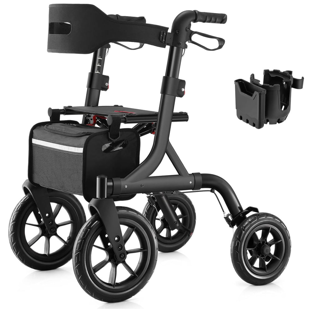 Andador Dobrável para Idosos com Assento, Ajuste de Altura e Rodas Grandes, MAXWALK, Preto