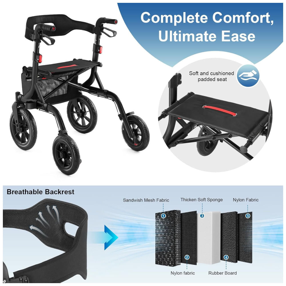 Encontraproduto.com.br - Andador Dobrável para Idosos com Assento, Ajuste de Altura e Rodas Grandes, MAXWALK, Preto