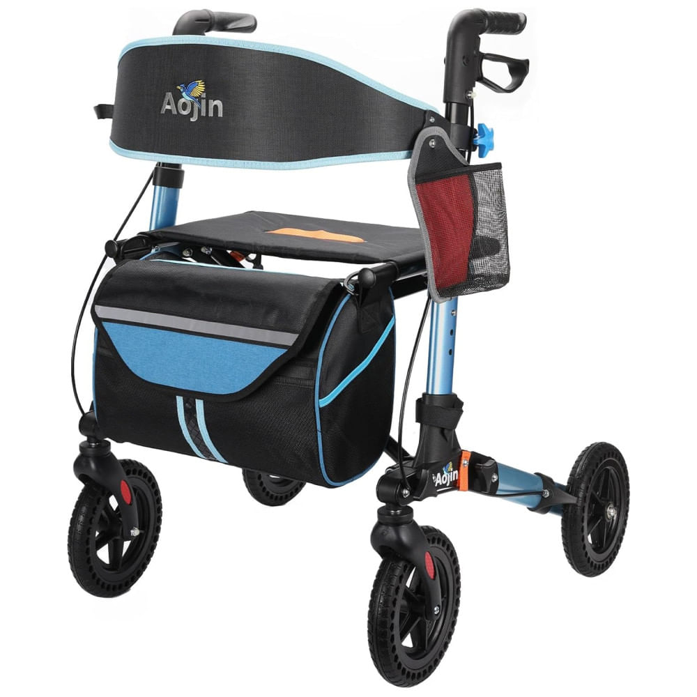 Andador Leve e Dobrável para Idosos com Assento e Rodas para Todos os Terrenos, Aojin, Azul