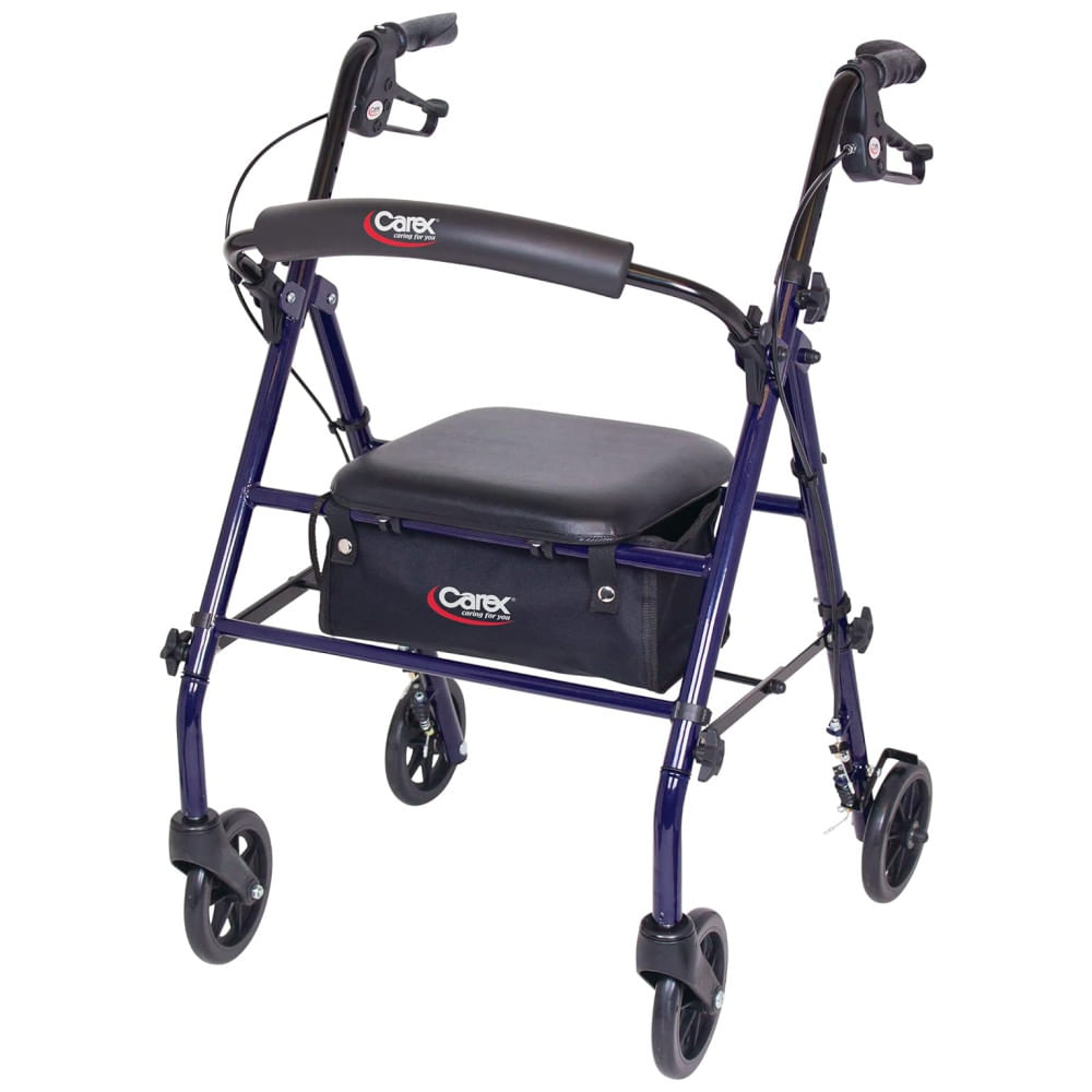 Encontraproduto.com.br - Andador Dobrável de Aço com Assento e Rodas Suporta até 158,73 Kg, Carex, Azul Escuro