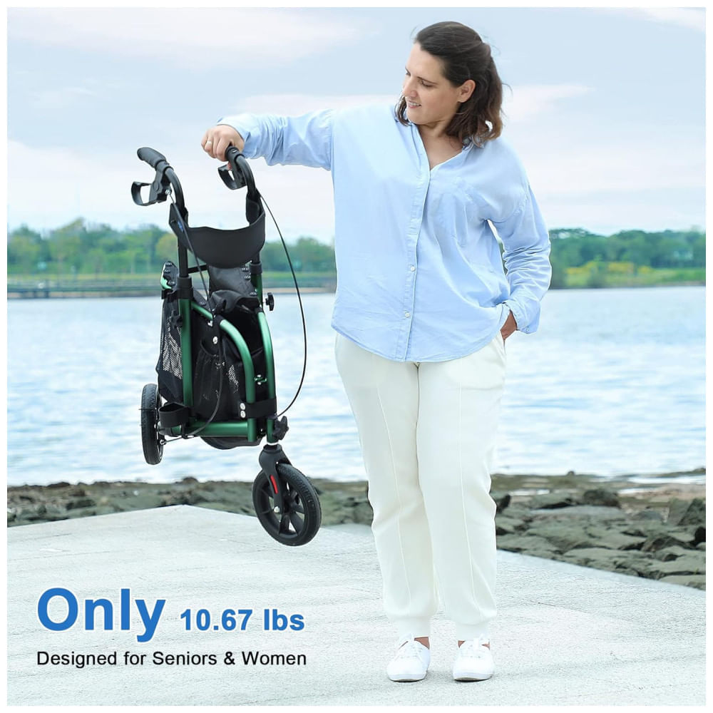 Andador Dobrável de 3 Rodas com Assento Acolchoado Ideal para Idosos, WALK MATE, Verde