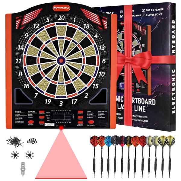 Jogo de Dardos Eletrônico, Tabuleiro Iluminado Com Pontas Macias, LED, Linha Laser, 34 Jogos, Até 8 Jogadores, 5 Níveis, Baterias/Adaptador, WIN.MAX.