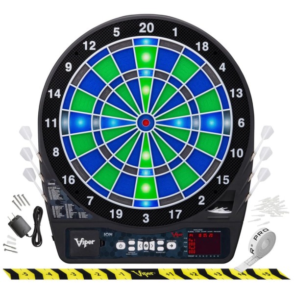 Jogo de Dardos Eletrônico Ion, Segmentos Iluminados, Jogos com Luzes, Cores Verde e Azul, Ultra Fino para Maior Área de Pontuação,8 jogadores, Viper.
