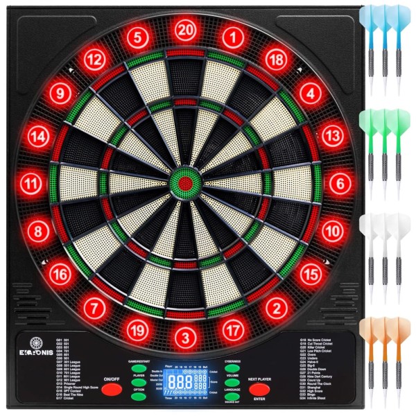 Encontraproduto.com.br - Jogo De Dardos Com 34 Jogos, 355 Variações, 12 Dardos, Placa Iluminada E Armazenamento Para 12 Dardos, 8 Jogadores, Ekaronis.