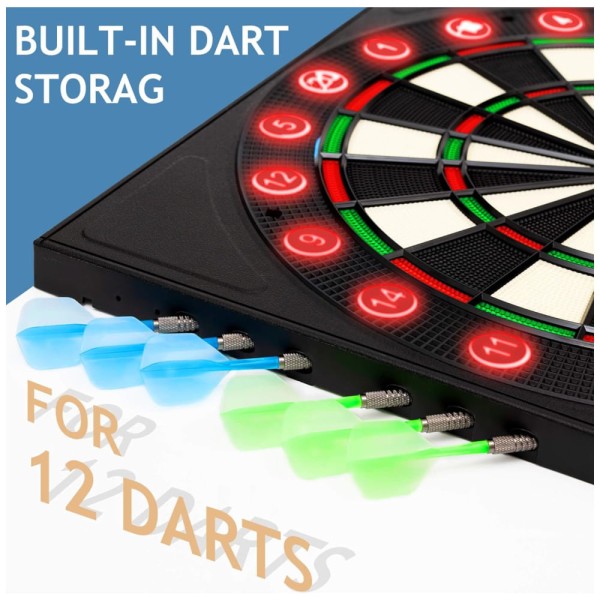 Encontraproduto.com.br - Jogo De Dardos Com 34 Jogos, 355 Variações, 12 Dardos, Placa Iluminada E Armazenamento Para 12 Dardos, 8 Jogadores, Ekaronis.