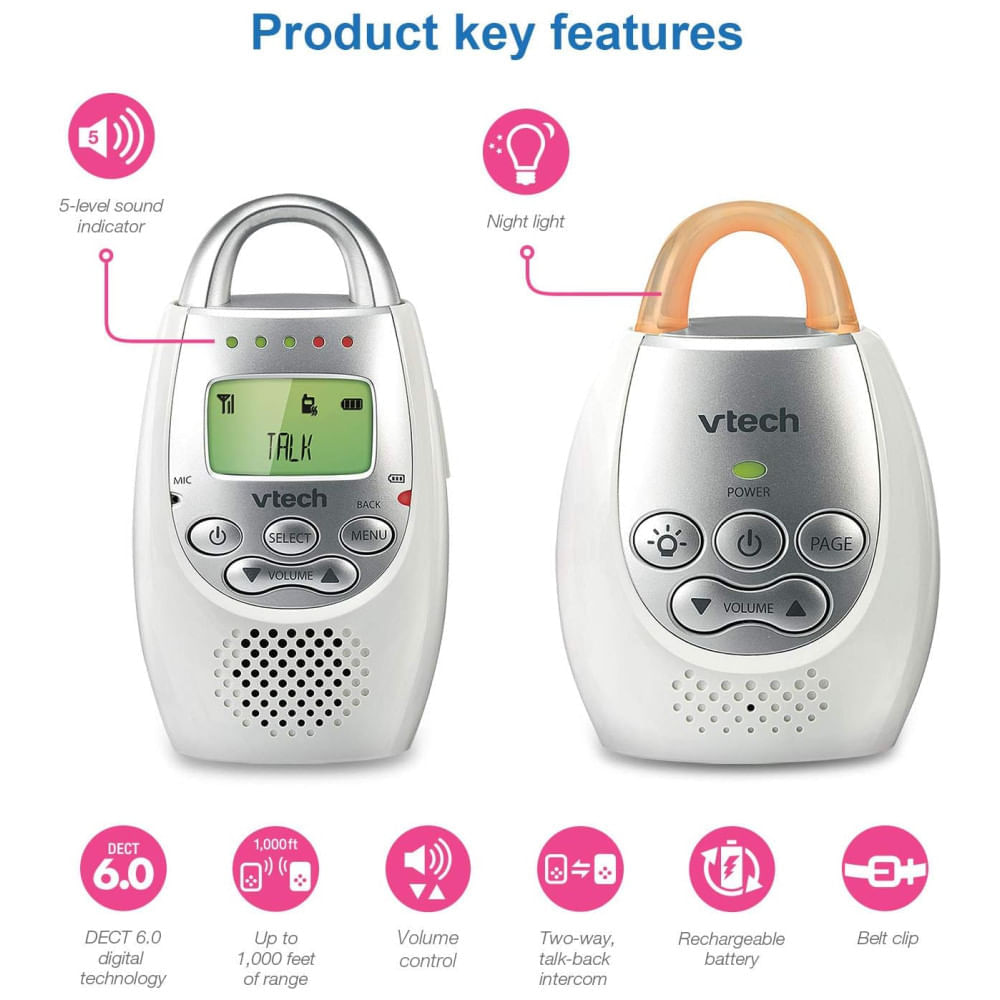 Encontraproduto.com.br - Babá Eletrônica com Alcance de 300 Metros, Alerta Vibratório, Intercomunicador e Luz Noturna,VETCH DM221,Branco/Prata