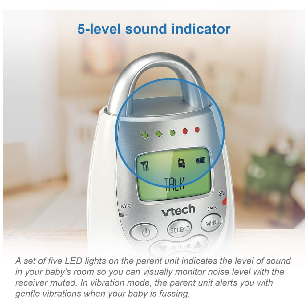 Encontraproduto.com.br - Babá Eletrônica com Alcance de 300 Metros, Alerta Vibratório, Intercomunicador e Luz Noturna,VETCH DM221,Branco/Prata