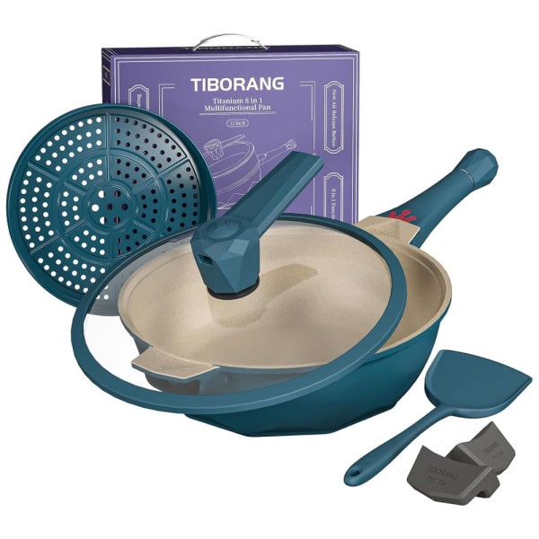 Encontraproduto.com.br - TIBORANG 8 em 1 Frigideiras Antiaderentes, 28 cm Frigideira com Tampa, Vaporizador, Panela Multifuncional para Todos os Fogões, Woks,Azul Escuro
