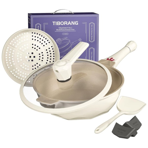 Encontraproduto.com.br - TIBORANG 8 em 1 Frigideiras Antiaderentes, 28 cm Frigideira com Tampa, Vaporizador, Panela Multifuncional para Todos os Fogões, Woks,Branco