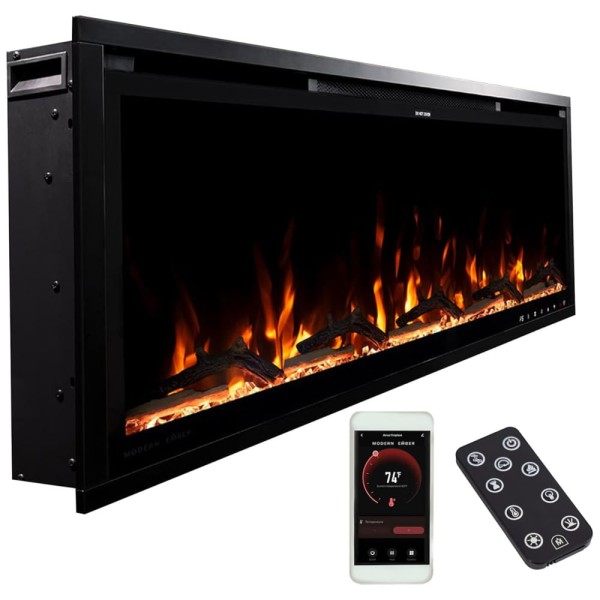 Lareira Elétrica Linear Inteligente Modern Ember Aerus de 107 cm, Embutida ou de Parede, Chamas LED Multicoloridas, Wi-Fi, Alexa, Google