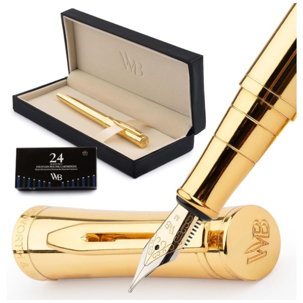 Encontraproduto.com.br - Caneta Tinteiro de Luxo Dourada com Acabamento em Ouro 24K e Ponta Dourada 18K Média. Inclui Conversor. Wordsworth & Black