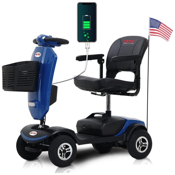 Encontraproduto.com.br - Cadeira de Rodas Elétrica Metro Mobility 4 Rodas para Idosos, Capacidade de 136 kg, Bateria de Longa Duração, Assento Grosso e Porta USB.