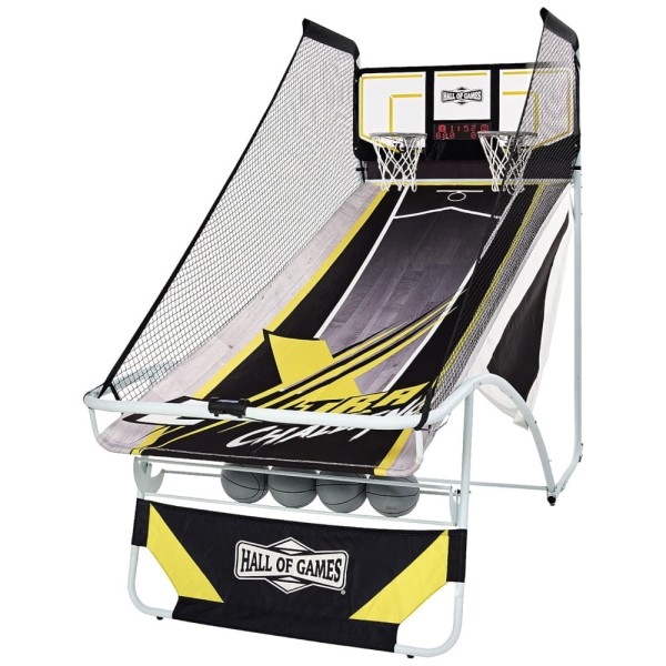 Encontraproduto.com.br - Basquete Eletrônico Hall of Games Xtra Long Shot EZ-Fold Jogo de Basquete Arcade Premium com Rack de Armazenamento para 4 Bolas, Dobrável.