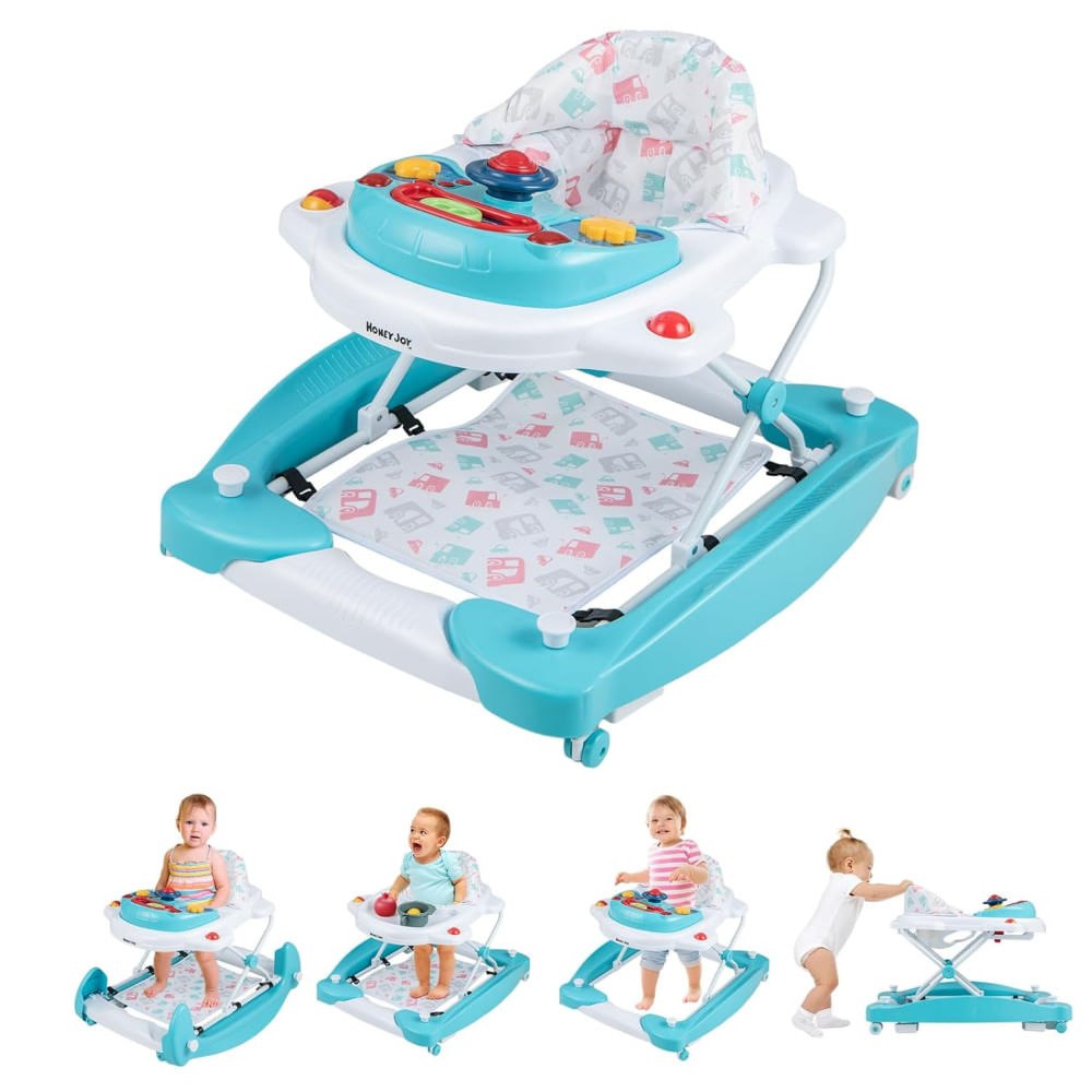 Andador de Bebê HONEY JOY 6-em-1 Dobrável, Com Rodas, Ajustável, Balanço, Música e Luzes. Para Bebês de 7 a 14 Meses, Ideal para Meninos e Meninas.