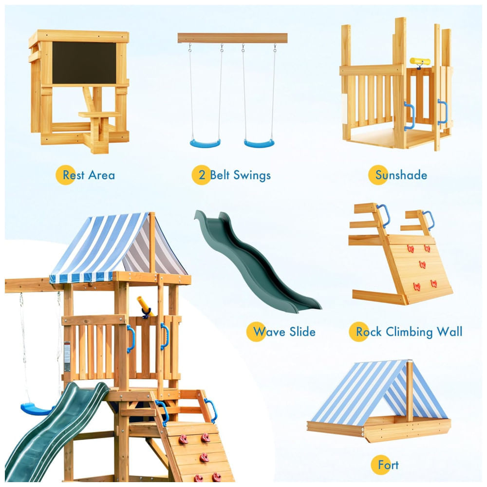 Encontraproduto.com.br - Playground com Parede de Escalada Infantil ROBUD Conjunto de Balanço para Quintal, Brinquedo Infantil em Madeira, com 2 Balanços, Escorregador.