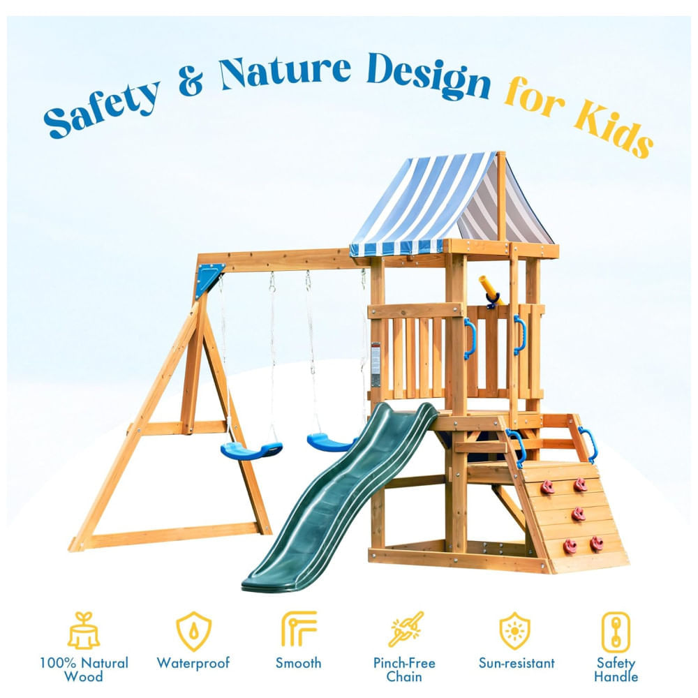 Encontraproduto.com.br - Playground com Parede de Escalada Infantil ROBUD Conjunto de Balanço para Quintal, Brinquedo Infantil em Madeira, com 2 Balanços, Escorregador.