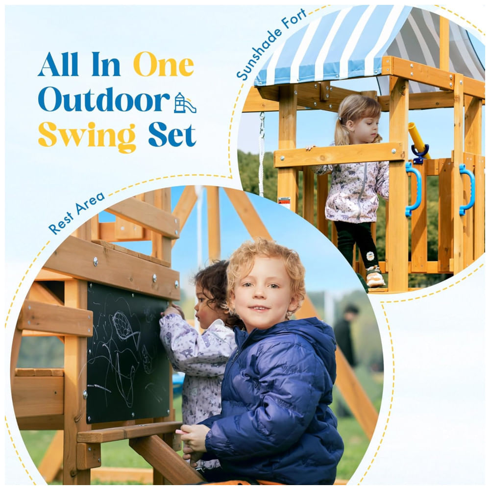 Encontraproduto.com.br - Playground com Parede de Escalada Infantil ROBUD Conjunto de Balanço para Quintal, Brinquedo Infantil em Madeira, com 2 Balanços, Escorregador.