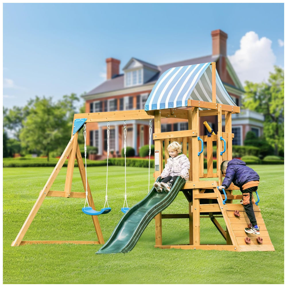Encontraproduto.com.br - Playground com Parede de Escalada Infantil ROBUD Conjunto de Balanço para Quintal, Brinquedo Infantil em Madeira, com 2 Balanços, Escorregador.