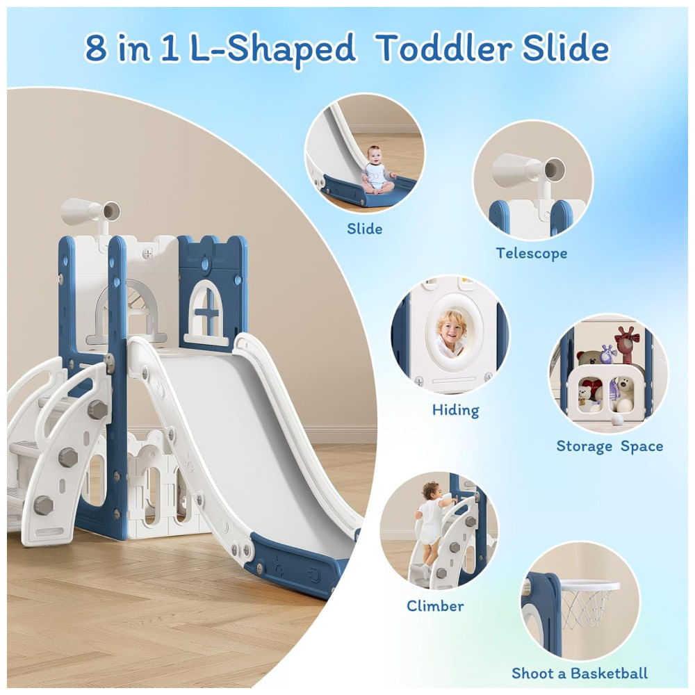 Encontraproduto.com.br - Escorregador 6 em 1 LulliSpace para Bebês de 1-3 Anos, Escalador para Playground Interno e Externo com Cesta de Basquete, Armazenamento e Telescópio.
