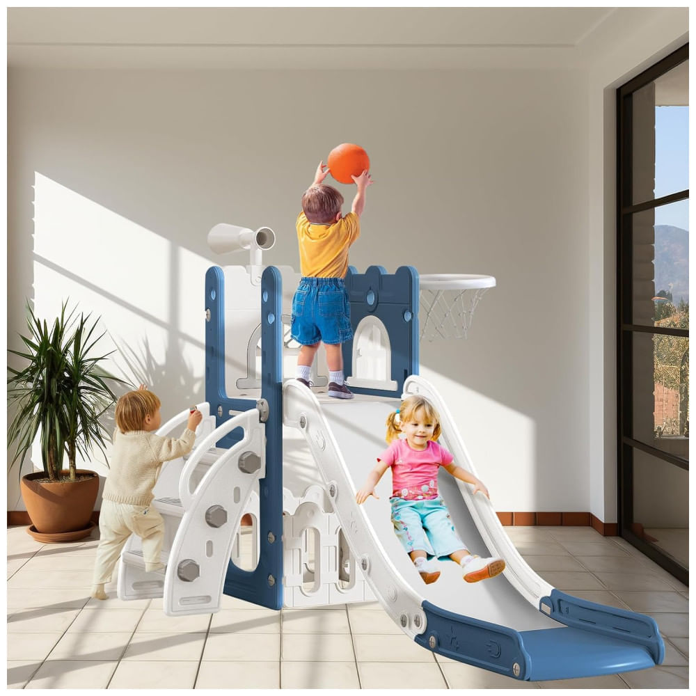 Encontraproduto.com.br - Escorregador 6 em 1 LulliSpace para Bebês de 1-3 Anos, Escalador para Playground Interno e Externo com Cesta de Basquete, Armazenamento e Telescópio.