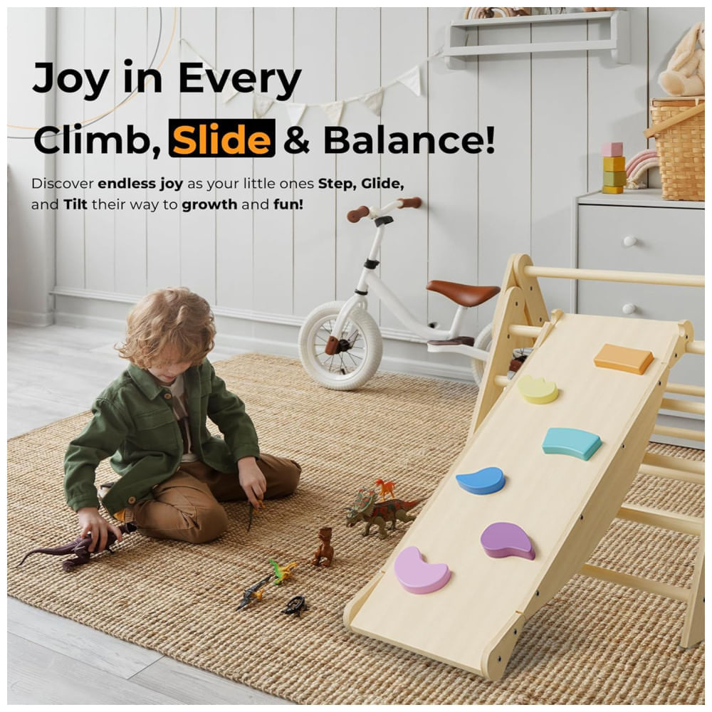 Encontraproduto.com.br - Playground Lucalux Brinquedo de Escalada 6 em 1 Infantil Indoor - Conjunto Montessori Seguro com Triângulo Pikler Dobrável, Escada, Escalada.