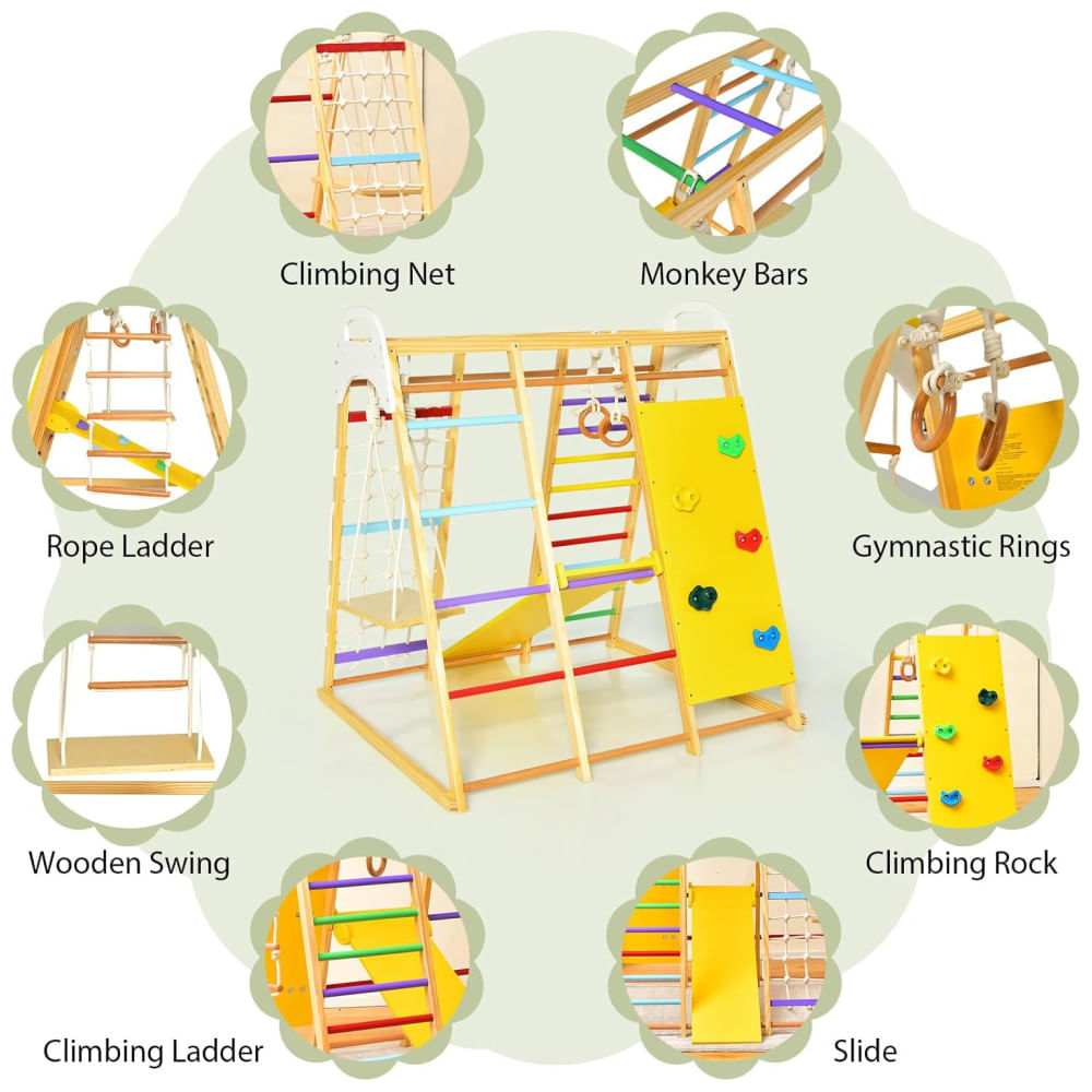 Playground GLACER 8-em-1 Infantil: Escorregador, Balanço, Barra de Macaco, Escada de Corda, Parede de Escalada, Rede, Argolas Ginásticas.