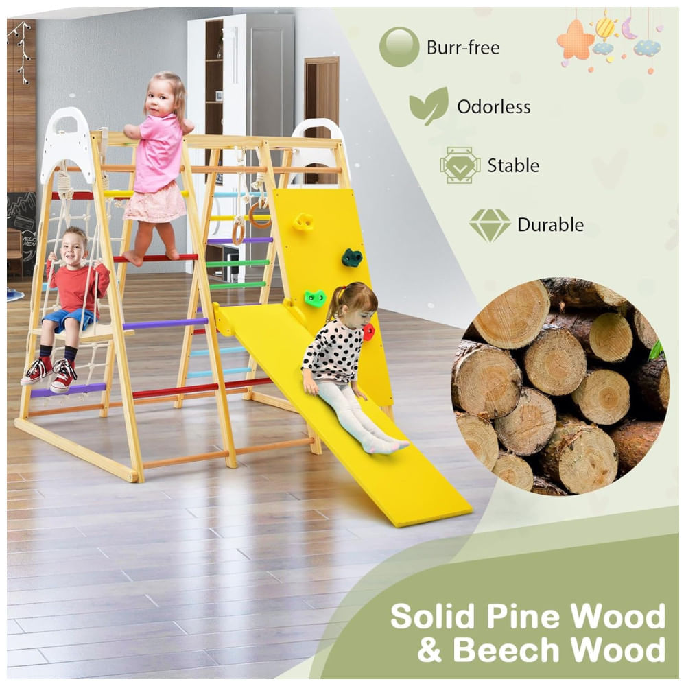 Encontraproduto.com.br - Playground GLACER 8-em-1 Infantil: Escorregador, Balanço, Barra de Macaco, Escada de Corda, Parede de Escalada, Rede, Argolas Ginásticas.