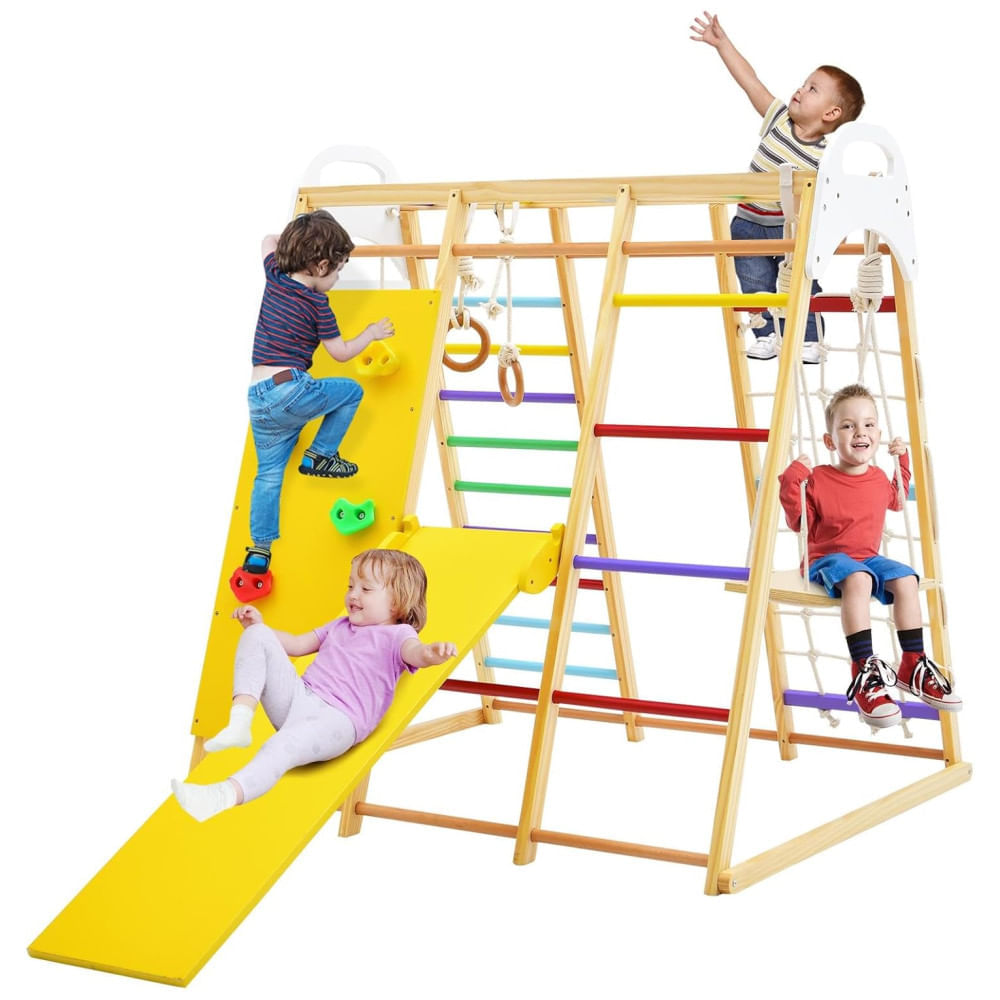 Encontraproduto.com.br - Playground GLACER 8-em-1 Infantil: Escorregador, Balanço, Barra de Macaco, Escada de Corda, Parede de Escalada, Rede, Argolas Ginásticas.