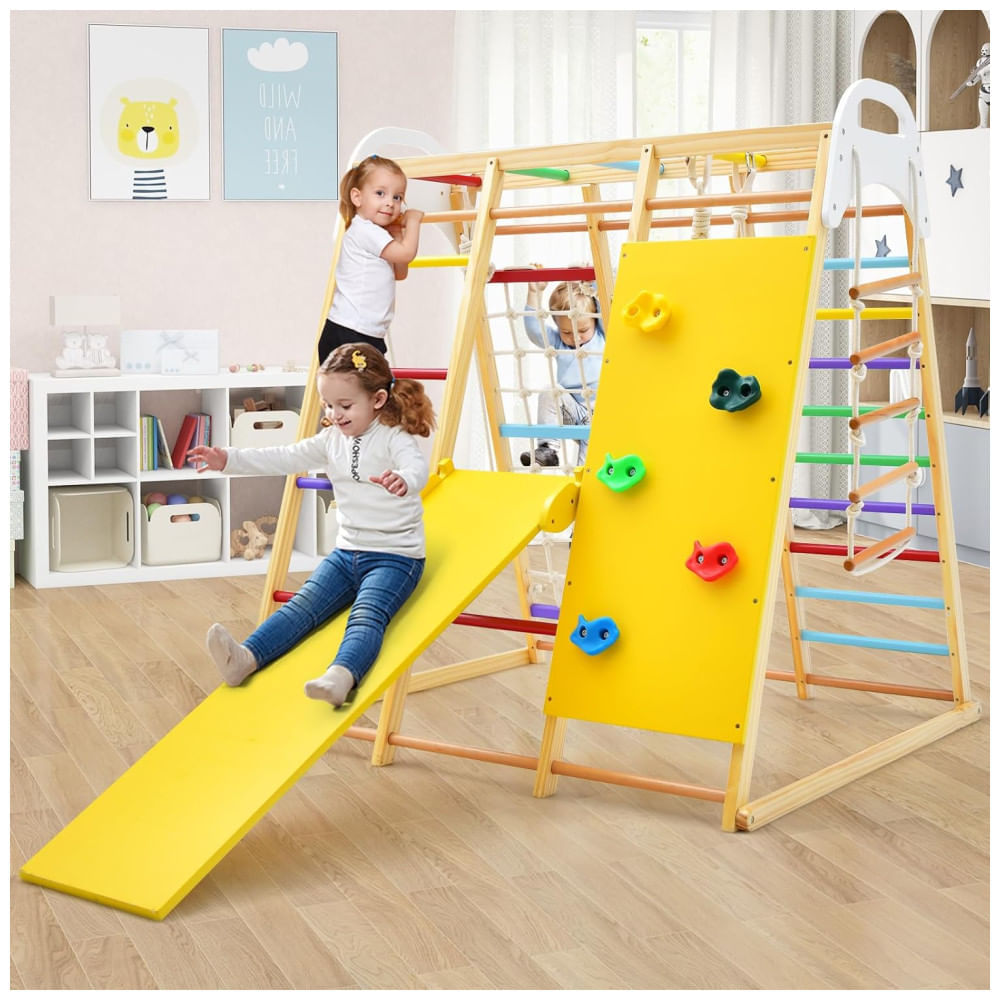 Encontraproduto.com.br - Playground GLACER 8-em-1 Infantil: Escorregador, Balanço, Barra de Macaco, Escada de Corda, Parede de Escalada, Rede, Argolas Ginásticas.