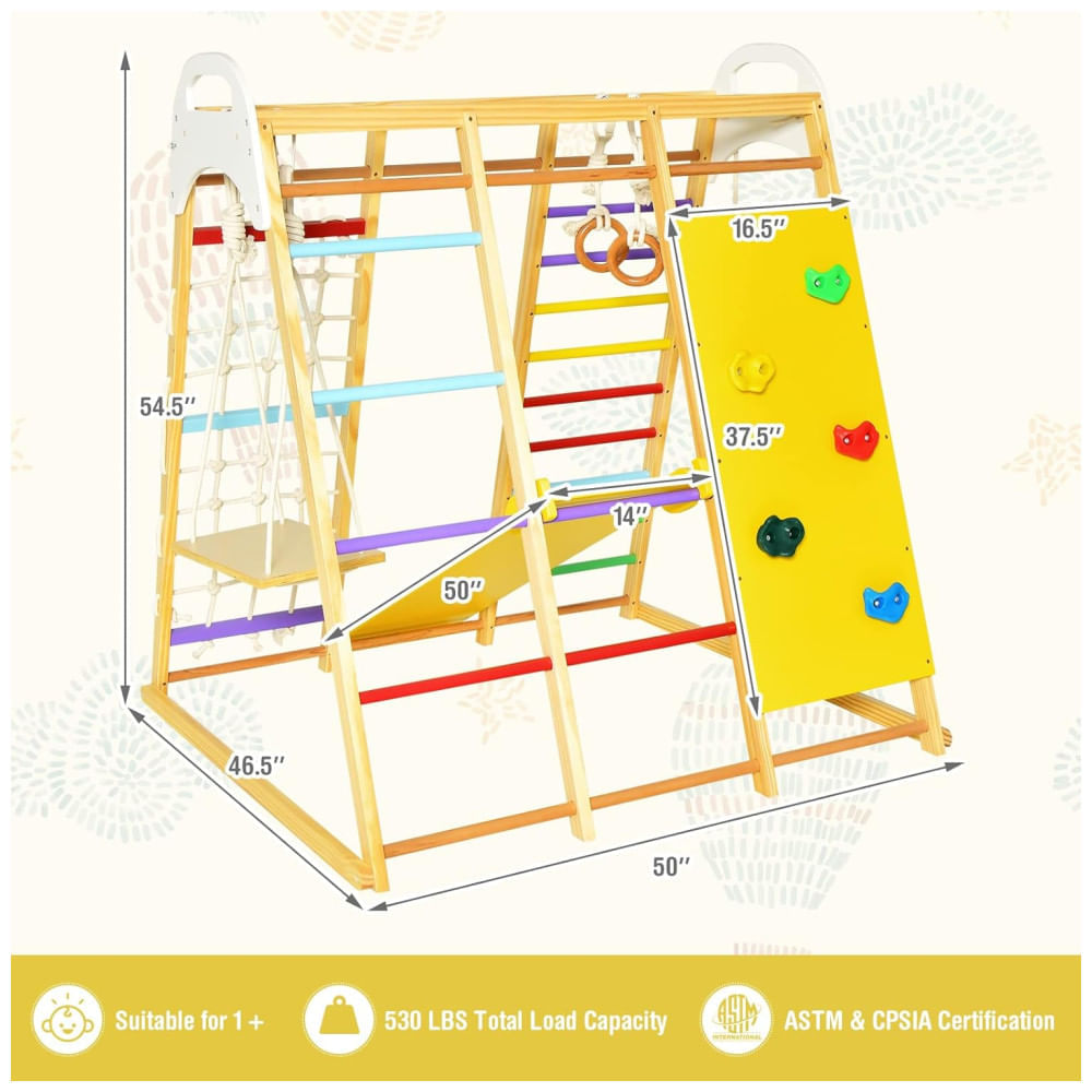 Encontraproduto.com.br - Playground GLACER 8-em-1 Infantil: Escorregador, Balanço, Barra de Macaco, Escada de Corda, Parede de Escalada, Rede, Argolas Ginásticas.