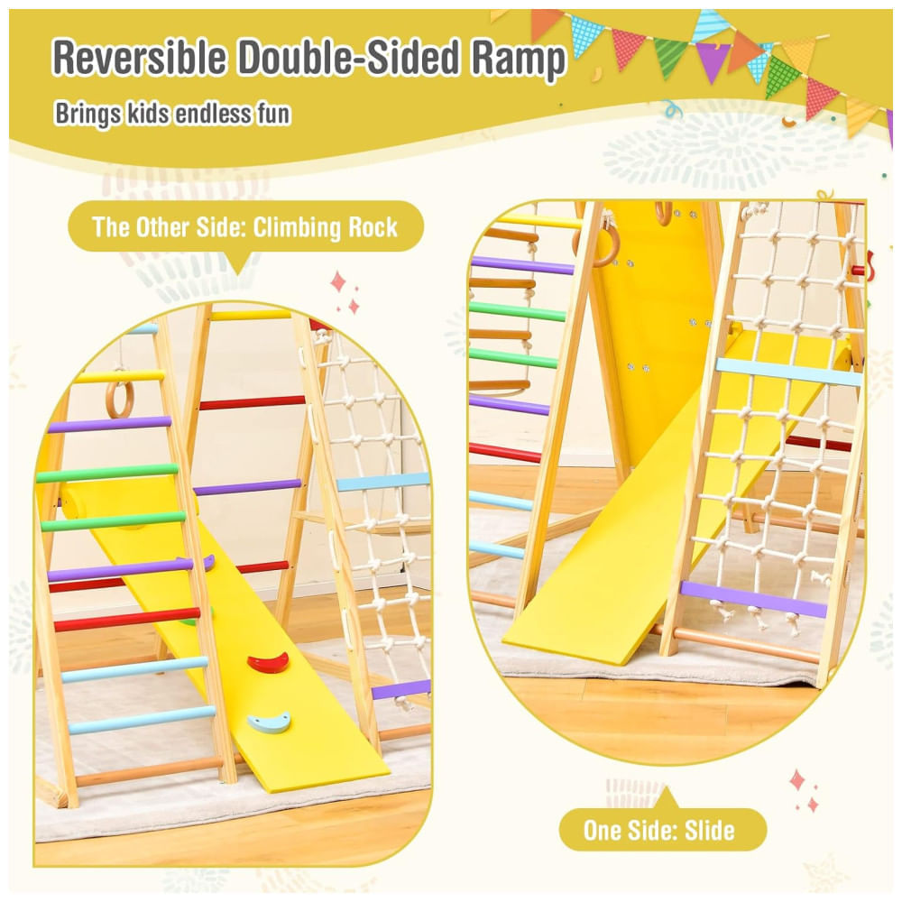 Encontraproduto.com.br - Playground GLACER 8-em-1 Infantil: Escorregador, Balanço, Barra de Macaco, Escada de Corda, Parede de Escalada, Rede, Argolas Ginásticas.