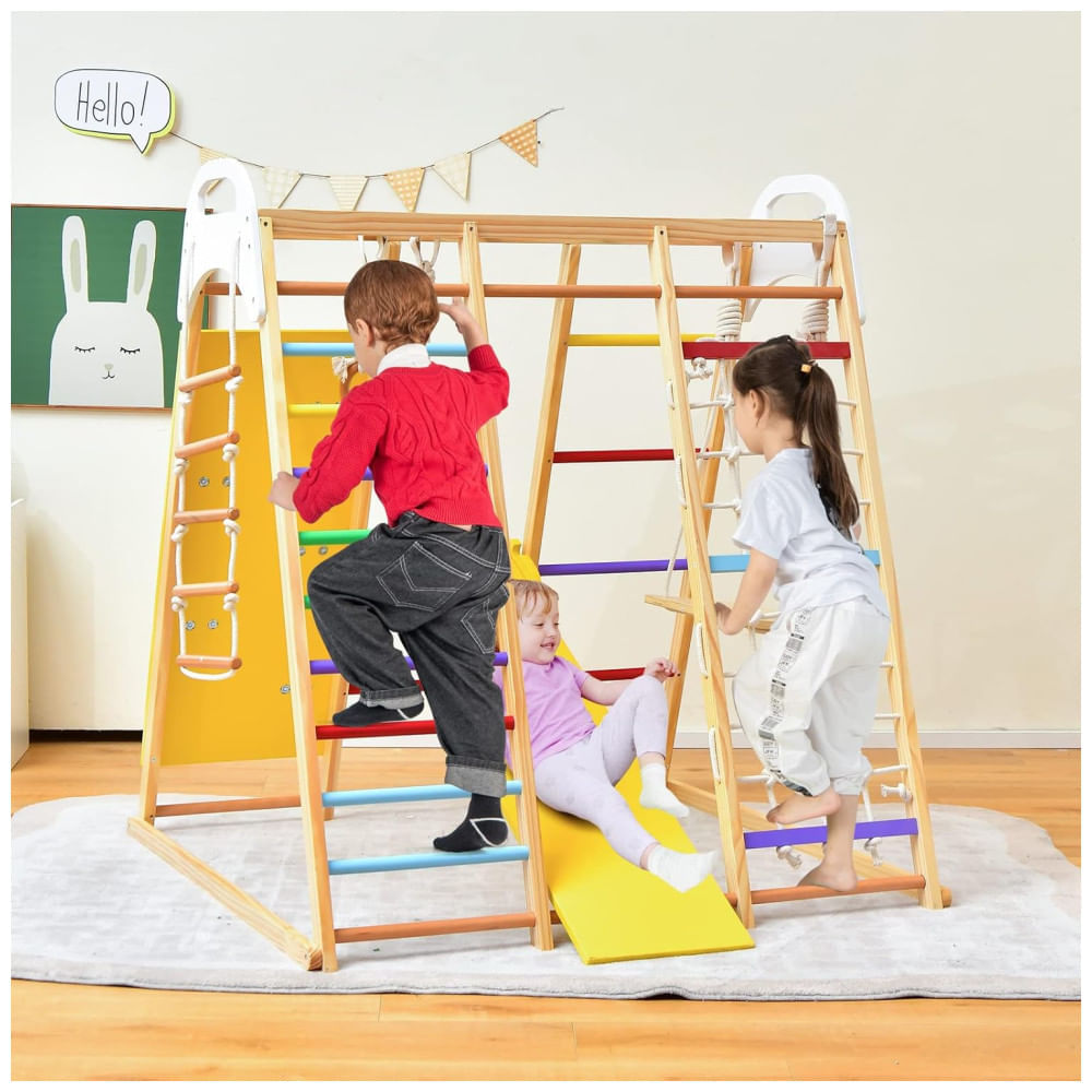 Encontraproduto.com.br - Playground GLACER 8-em-1 Infantil: Escorregador, Balanço, Barra de Macaco, Escada de Corda, Parede de Escalada, Rede, Argolas Ginásticas.