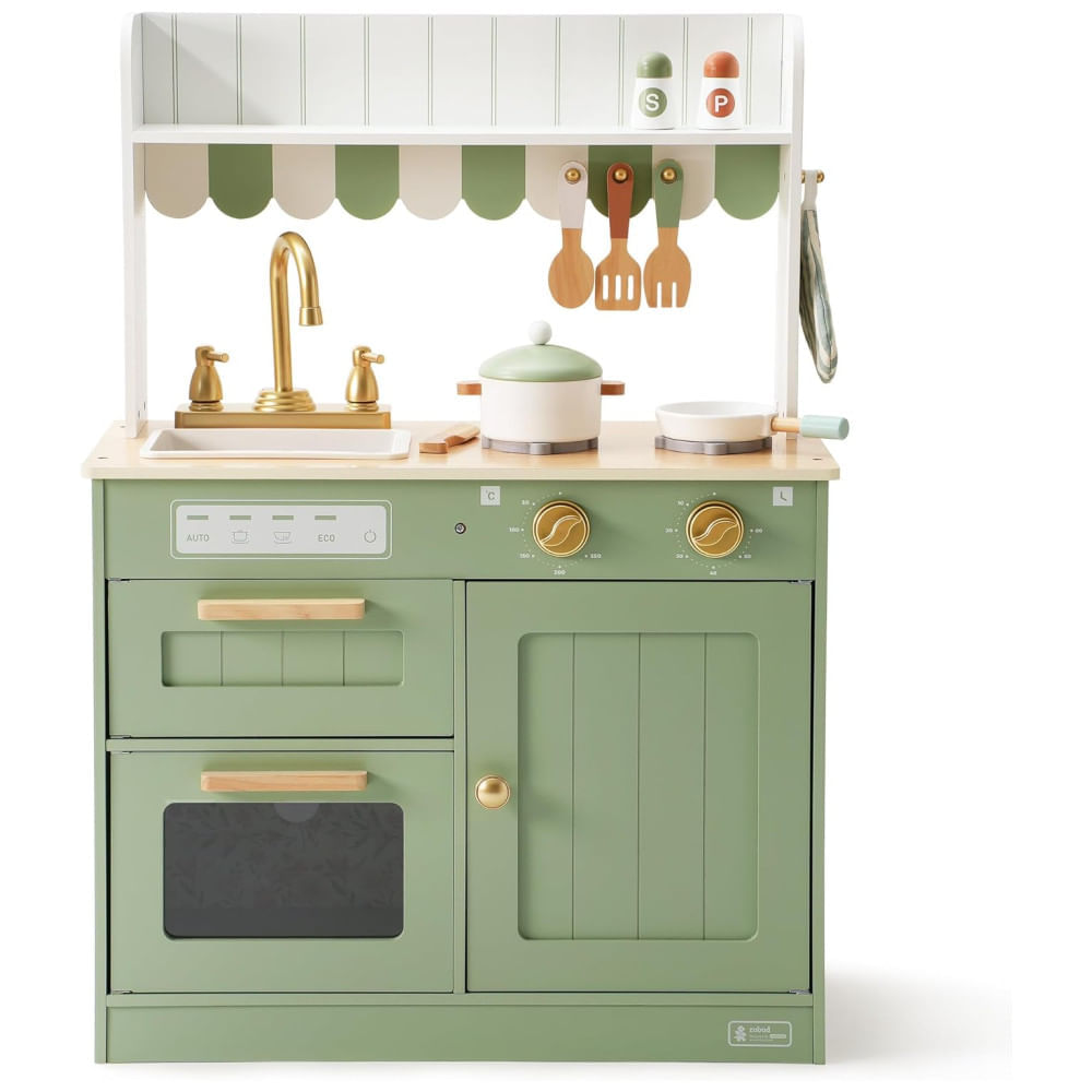 Mini Cozinha Educativa de Madeira ROBUD para Crianças, com Torneira Dourada, Pia, Forno, Fogão, Armário, Estilo Vintage - Presente Encantador